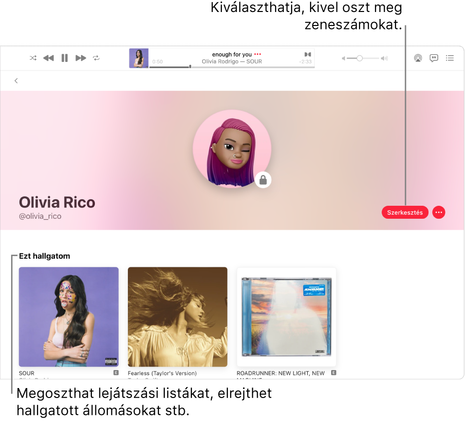 Az Apple Music-profiloldal: Az ablak jobb oldalán kattintson a Szerkesztés gombra, hogy kiválassza, hogy ki követheti Önt. Zene megosztásához kattintson a Szerkesztés elemtől jobbra található Továbbiak gombra.