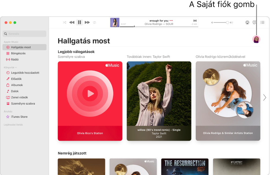 Az Apple Music ablaka a Hallgatás elemmel. A Saját fiók gomb (olyan, mint egy fotó vagy monogram) az ablak jobb felső sarkában található.