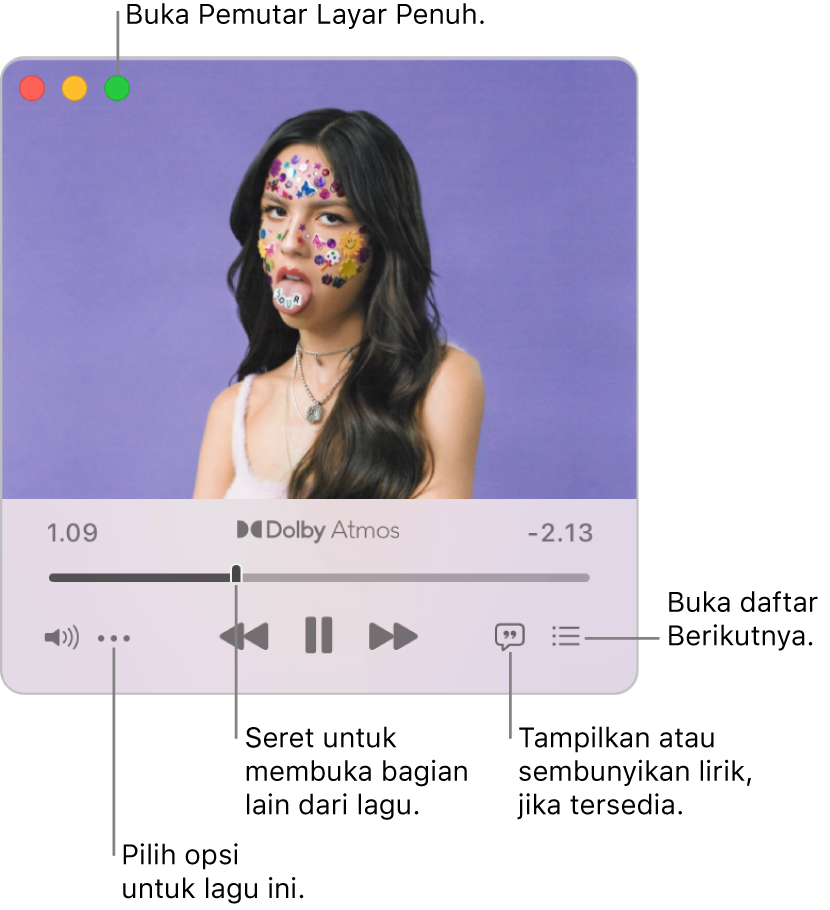 MiniPlayer yang diperluas menampilkan kontrol untuk lagu yang sedang diputar. Di pojok kiri atas adalah tombol hijau, digunakan untuk membuka Pemutar Layar Penuh. Di bagian bawah jendela adalah penggeser yang dapat Anda seret untuk membuka bagian lagu yang berbeda. Di bawah penggeser pada sisi kiri adalah tombol Lainnya, di mana Anda dapat memilih pilihan tampilan dan pilihan lain untuk lagu yang sedang diputar. Di sisi terluar sebelah kanan di bawah penggeser terdapat dua tombol—tombol Lirik untuk menampilkan atau menyembunyikan lirik yang tersedia, dan tombol Berikutnya untuk melihat yang diputar berikutnya.