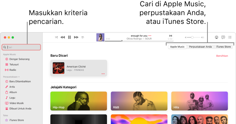 Jendela Apple Music menampilkan bidang pencarian di pojok kiri atas, daftar kategori di tengah jendela, dan Apple Music, Perpustakaan Anda, serta iTunes Store tersedia di pojok kanan atas. Masukkan kriteria pencarian di bidang pencarian, lalu pilih untuk mencari di Apple Music, hanya di perpustakaan Anda, atau di iTunes Store.