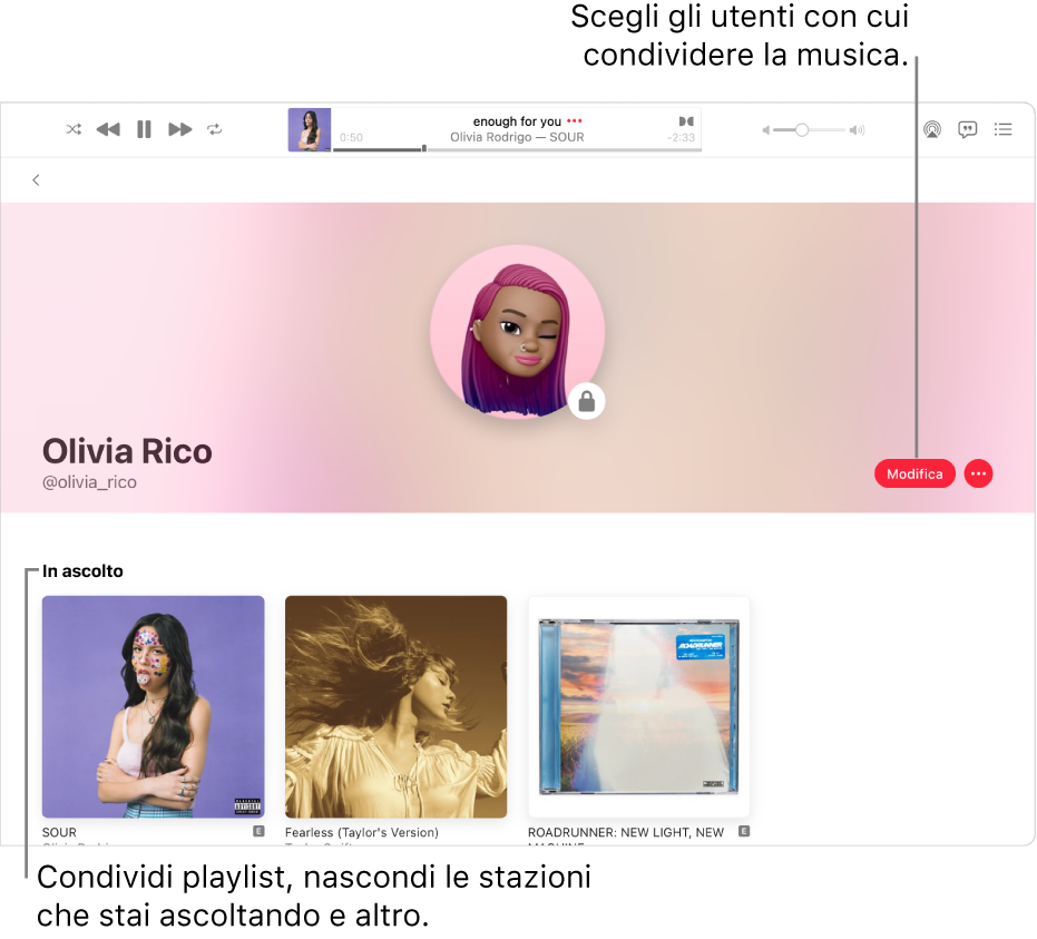 La pagina del profilo su Apple Music: Sul lato destro della finestra, fai clic su Modifica per scegliere chi può seguirti. Sulla destra di Modifica, fai clic sul pulsante del menu Altro per o condividere la musica.