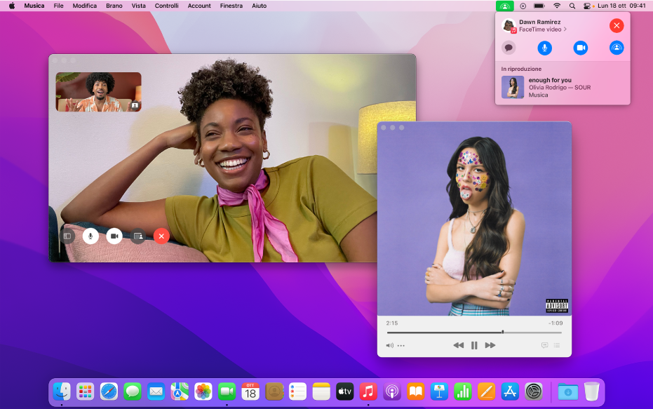 La finestra di FaceTime che mostra una chiamata con i partecipanti che utilizzano SharePlay per ascoltare un album insieme.