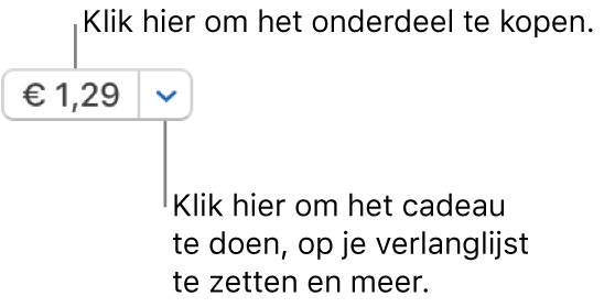 Een knop met een prijs. Klik op de prijs om het onderdeel te kopen. Klik op de pijl naast de prijs om het onderdeel bijvoorbeeld aan iemand cadeau te doen of om het aan je verlanglijst toe te voegen.