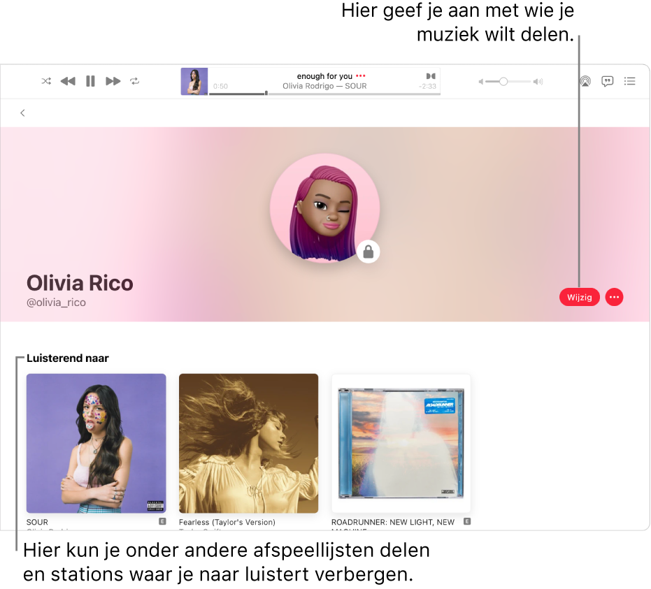 De profielpagina in Apple Music: Klik rechts in het venster op 'Bewerk' om aan te geven wie je kan volgen. Klik rechts naast 'Bewerk' op de knop 'Meer' als je je muziek wilt delen.
