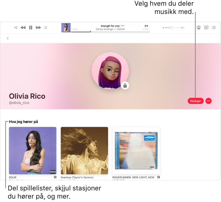 Profilsiden i Apple Music: Klikk på Rediger på høyre side i vinduet for å angi hvem som kan følge deg. Klikk på Mer-knappen til høyre for Rediger for å dele musikk.