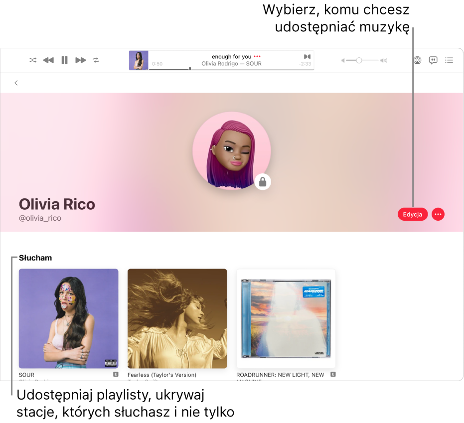 Strona profilu w Apple Music: Po prawej stronie okna kliknij w Edycja, aby wybrać, kto może Cię obserwować. Kliknij w przycisk dodatkowych opcji po prawej stronie przycisku Edycja, aby udostępnić muzykę.