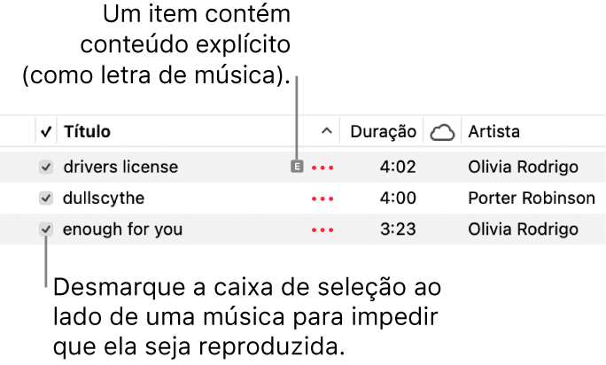 Detalhe da visualização Músicas no app Música, mostrando as caixas de seleção à esquerda e um símbolo de explícito na primeira música (que indica que a música possui conteúdo explícito, como a letra). Desmarque a seleção ao lado de uma música para impedir que seja reproduzida.
