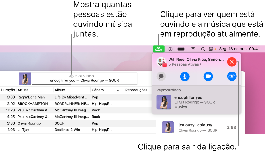 Janela do Apple Music com uma música reproduzida usando o SharePlay. A janela de reprodução mostra quantas pessoas estão ouvindo música juntas. À direita, o ícone do SharePlay está clicado e você pode ver quem está ouvindo e a música sendo reproduzida atualmente. Abaixo, é possível clicar no botão Fechar.