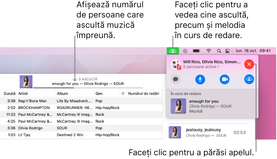 Fereastra Apple Music, cu o melodie în curs de redare în timpul utilizării SharePlay. Fereastra de redare afișează câte persoane ascultă muzică împreună. În dreapta, se face clic pe pictograma SharePlay și puteți vedea cine ascultă și melodia aflată în curs de redare. Dedesubt, puteți face clic pe butonul Închide.