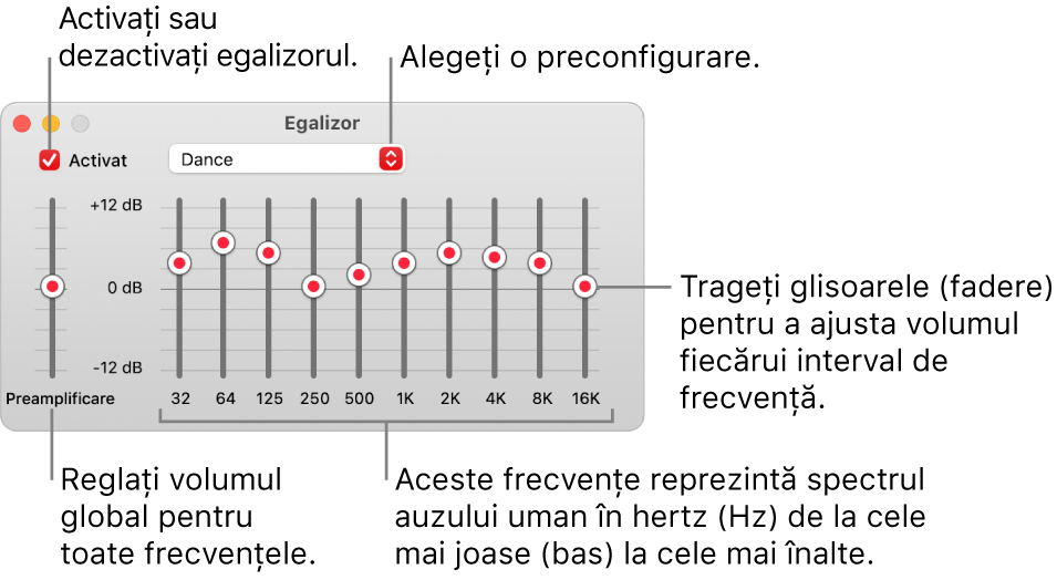 Fereastra Egalizor: Caseta de validare pentru activarea egalizorului Muzică se află în colțul din stânga sus. Lângă aceasta, se află meniul pop-up cu preconfigurările pentru egalizor. În partea stângă extremă, ajustați volumul general al frecvențelor cu preamplificatorul. Sub preconfigurările pentru egalizor, ajustați nivelul sunetului diferitelor intervale de frecvență care reprezintă spectrul auzului uman de la cel mai jos până la cel mai ridicat.