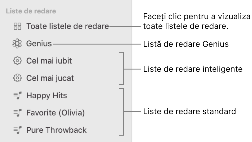 Bara laterală din Muzică afișând diverse tipuri de liste de redare: liste de redare Genius, inteligente și standard. Faceți clic pe “Toate listele de redare” pentru a le vizualiza pe toate.