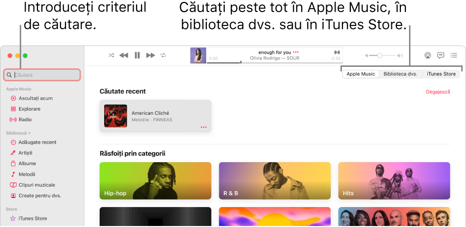 Fereastra Apple Music afișând câmpul de căutare în colțul din stânga sus, lista de categorii în centrul ferestrei și Apple Music, Biblioteca dvs. și iTunes Store disponibile în colțul din dreapta sus. Introduceți criteriul de căutare în câmpul de căutare, apoi alegeți să căutați în întreg serviciul Apple Music, doar în biblioteca dvs. sau în iTunes Store.