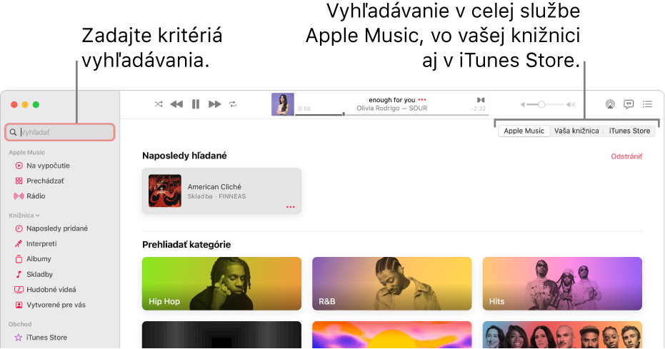 Okno Apple Music zobrazujúce vyhľadávacie pole v ľavom hornom rohu, zoznam kategórií v strede okna a sekcie Apple Music, Vaša knižnica a iTunes Store v pravom hornom rohu. Do vyhľadávacieho poľa zadajte kritériá vyhľadávania a potom vyberte, či chcete vyhľadávať v celej službe Apple Music, iba vo vašej knižnici alebo v obchode iTunes Store.