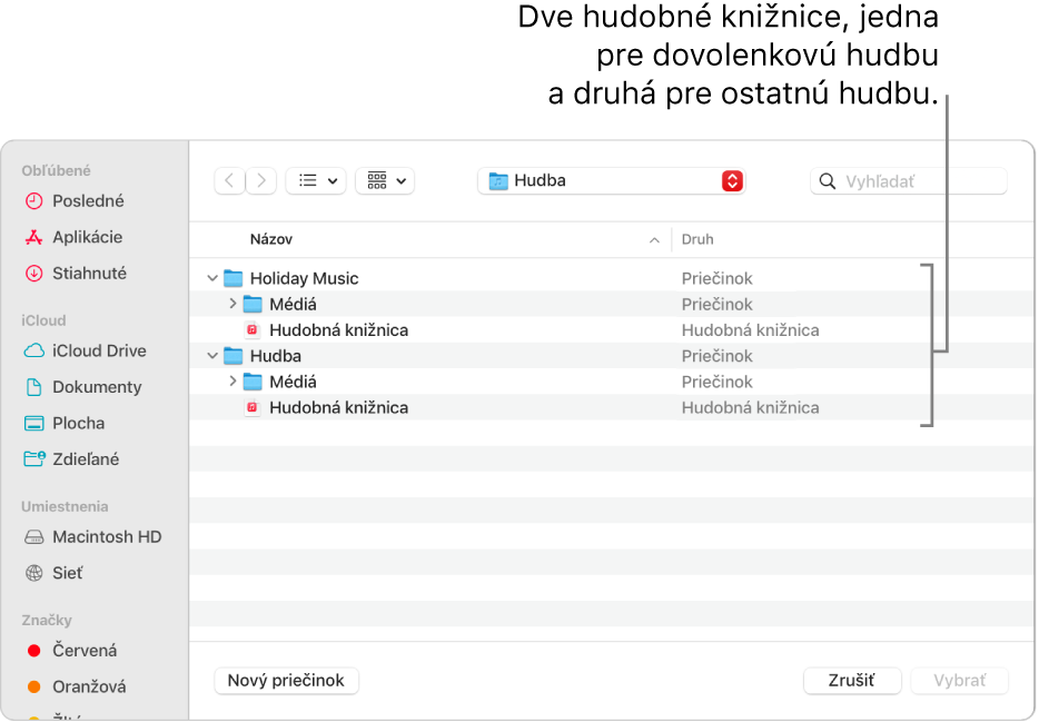 Okno Findera zobrazujúce viaceré knižnice – jedna je na dovolenkovú hudbu a druhá na ostatnú hudbu.