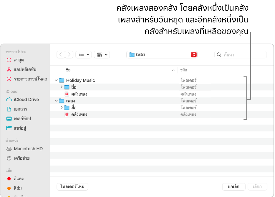 หน้าต่าง Finder ที่แสดงหลายคลัง คลังหนึ่งสำหรับเพลงวันหยุด คลังอื่นสำหรับเพลงที่เหลือของคุณ