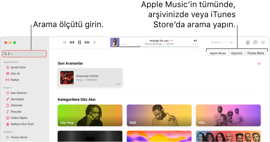 Sol üst köşede arama alanını, pencerenin ortasında kategori listesini ve sağ üst köşede Apple Music, Arşiviniz ve iTunes Store seçeneklerini gösteren Apple Music penceresi. Arama alanına arama ölçütünü girin, sonra Apple Music’in tamamında, yalnızca arşivinizde ya da iTunes Store’da arama yapmayı seçin.