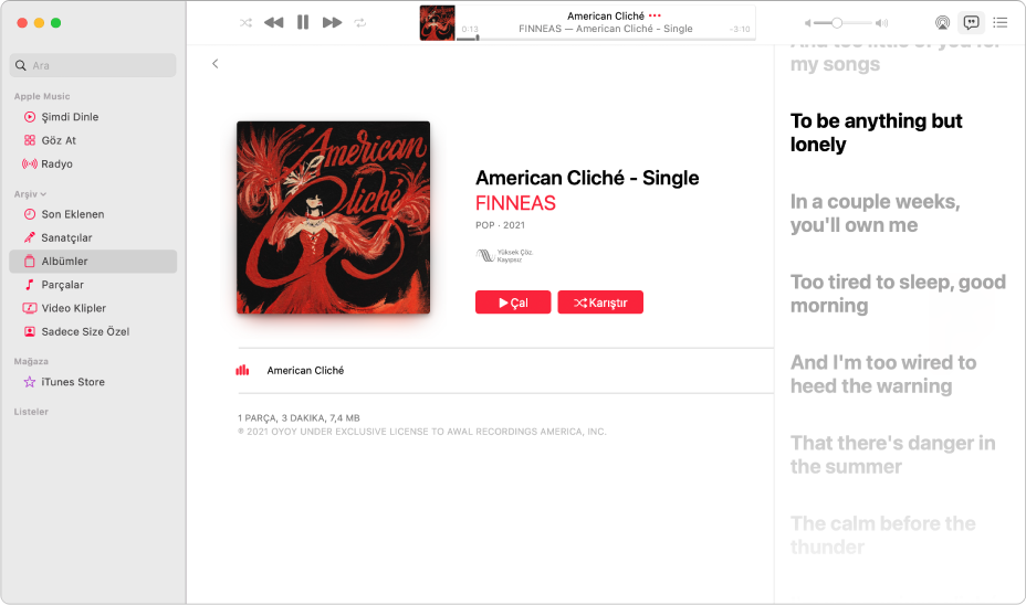 Müzikle eşzamanlı olarak ekranda görünen şarkı sözleri sağ tarafta olmak üzere çalmakta olan bir parça.