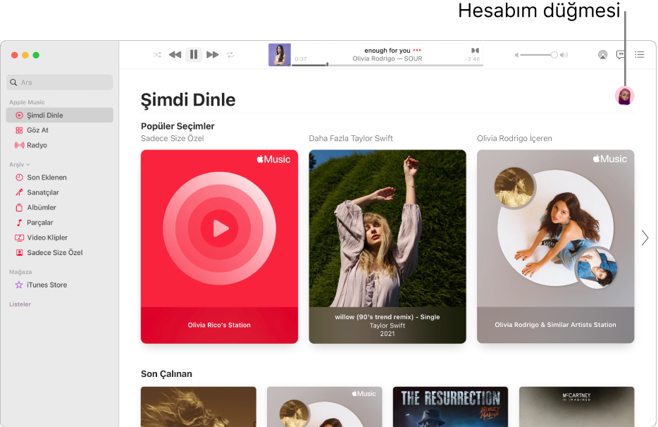 Şimdi Dinle’yi gösteren Apple Music penceresi. Hesabım düğmesi (bir fotoğraf veya monogram gibi görünür) pencerenin sağ üst köşesinde.