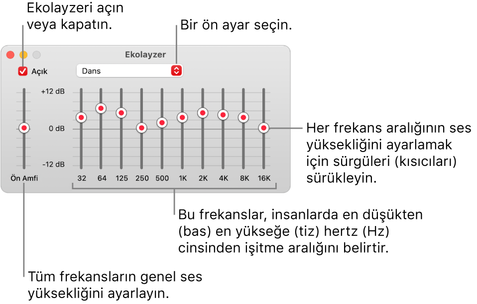 Ekolayzer penceresi: Müzik ekolayzerini etkinleştirmeyi sağlayan onay işareti sol üst köşede bulunur. Bunun yanında ekolayzer ön ayarlarını içeren açılır menü yer alır. En sol tarafta, ön amfili frekansların genel ses yüksekliğini ayarlayın. Ekolayzer ön ayarlarının alt tarafında, en düşükten en yükseğe insan kulağının duyabileceği spektrumu temsil eden farklı frekans aralıklarının ses düzeyini ayarlayın.