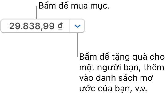 Nút hiển thị giá. Bấm vào giá để mua mục. Bấm vào mũi tên bên cạnh giá để tặng mục cho một người bạn, thêm mục vào danh sách mơ ước của bạn, v.v.