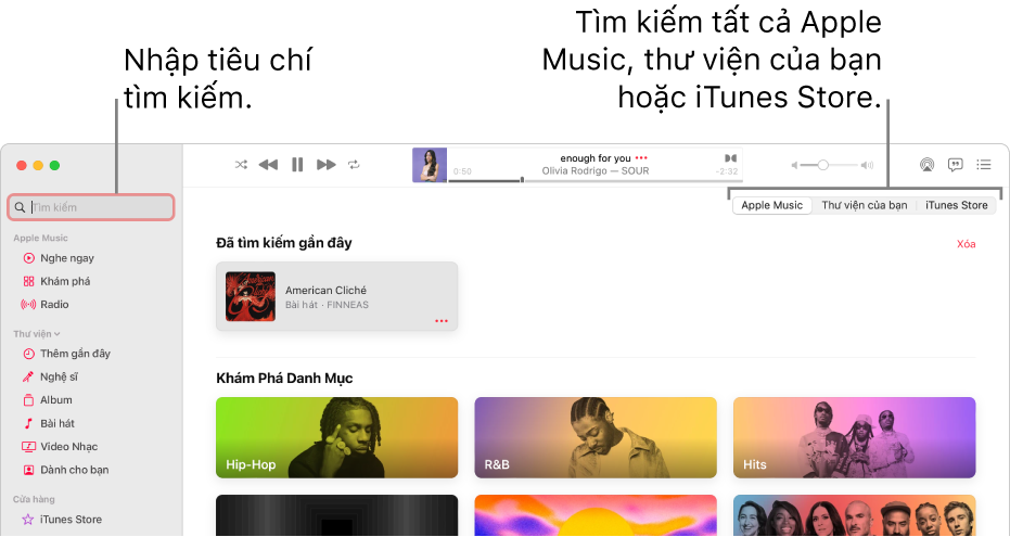 Cửa sổ Apple Music đang hiển thị trường tìm kiếm ở góc trên cùng bên trái, danh sách các danh mục ở giữa cửa sổ và Apple Music, Thư viện của bạn và iTunes Store có sẵn ở góc trên cùng bên phải. Nhập tiêu chí tìm kiếm vào trường tìm kiếm, sau đó chọn tìm kiếm tất cả Apple Music, chỉ thư viện của bạn hoặc iTunes Store.