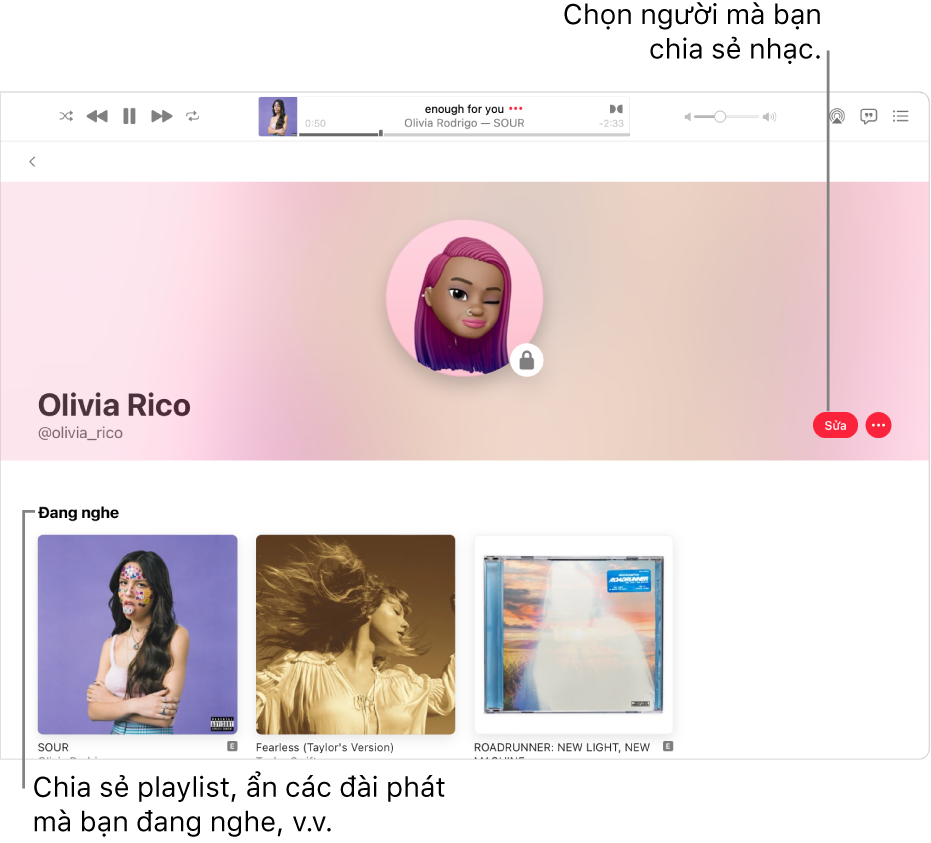 Trang trang cá nhân trên Apple Music: Ở phía bên phải của cửa sổ, hãy bấm vào Sửa để chọn những người có thể theo dõi bạn. Ở bên phải của Sửa, hãy bấm vào nút Thêm để chia sẻ nhạc của bạn.