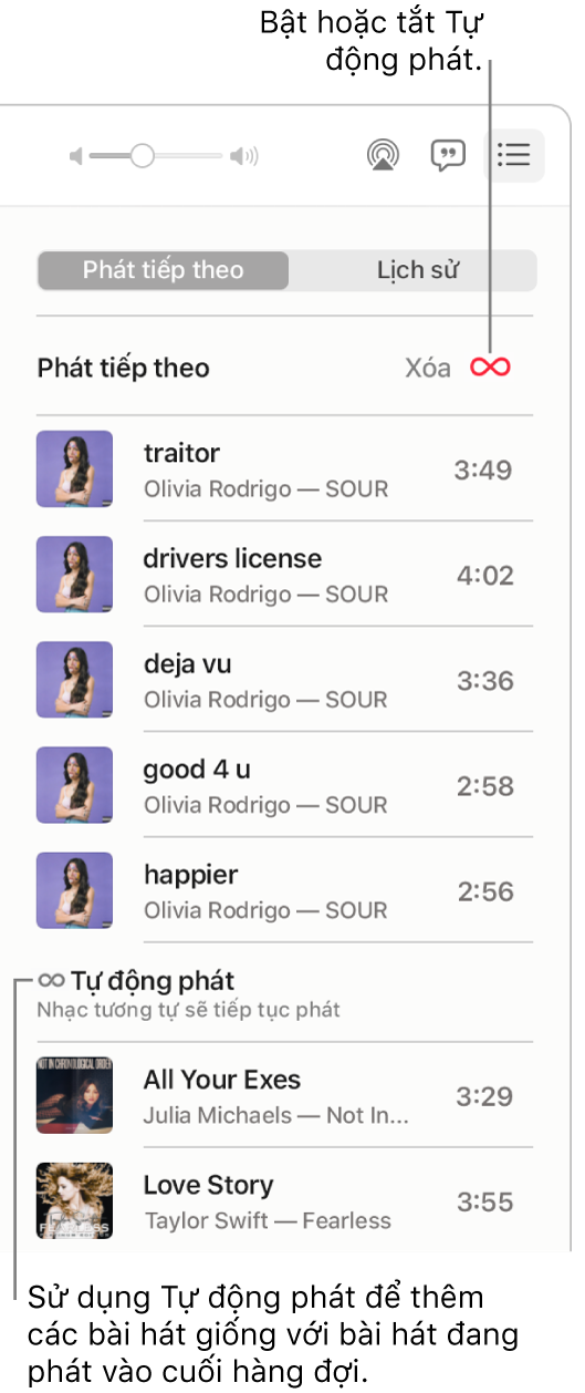 Hàng đợi Phát tiếp theo. Bấm vào nút Tự động phát để bật hoặc tắt. Khi Tự động phát được bật, các bài hát tương tự sẽ được thêm vào cuối hàng đợi.