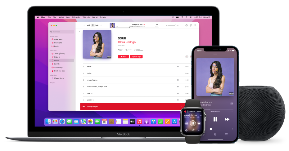 Một bài hát đang phát trên máy Mac, iPhone và Apple Watch, với HomePod.
