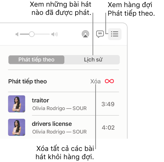 Góc trên cùng bên phải của cửa sổ Nhạc với nút Phát tiếp theo trong biểu ngữ đang hiển thị hàng đợi Phát tiếp theo. Bấm vào liên kết Lịch sử để xem các bài hát đã phát trước đây. Bấm vào liên kết Xóa để xóa tất cả bài hát khỏi hàng đợi.