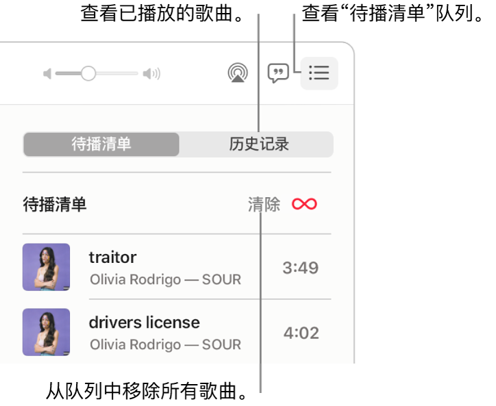 “音乐”窗口的右上角，其中横幅中的“待播清单”按钮显示“待播清单”队列。点按“历史记录”链接以查看以前播放的歌曲。点按“清除”链接以移除队列中的所有歌曲。