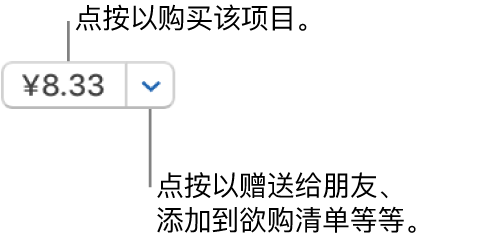 显示价格的按钮。点按价格以购买该项目。点按价格旁边的箭头以将此项目赠送给朋友、将项目添加到欲购清单等等。