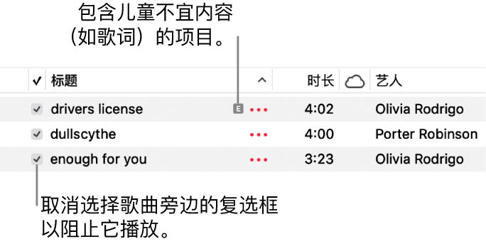 音乐中“歌曲”视图的详细信息，其中左侧显示相应复选框以及第一首歌曲的儿童不宜符号（表示歌曲包含诸如歌词等儿童不宜内容）。取消选择歌曲旁的复选框，以阻止播放该歌曲。
