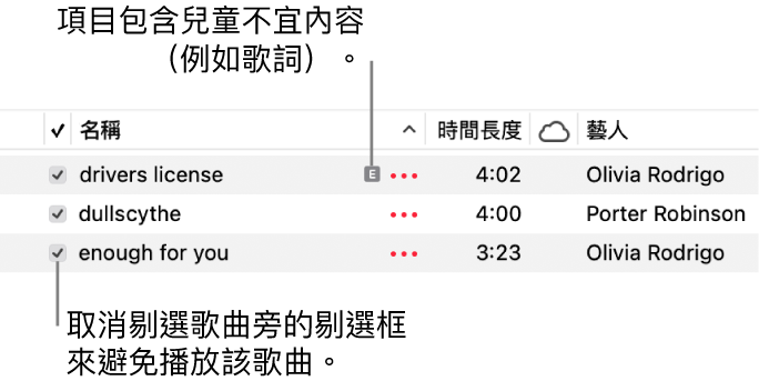 音樂中的「歌曲」顯示方式詳細資料，左方顯示剔選框和第一首歌曲帶有內容兒童不宜的符號（表示該歌曲含有兒童不宜內容，例如歌詞）。取消剔選歌曲旁的剔選框以避免播放該首歌曲。