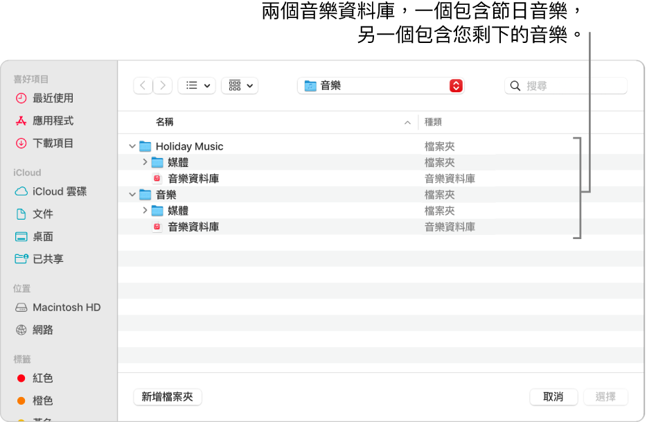 Finder 視窗顯示多個資料庫，一個包含節慶音樂、另一個包含您其餘的音樂。