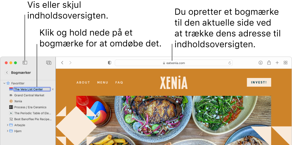 Et Safari-vindue, der viser bogmærker i indholdsoversigten, og et bogmærke, der er valgt til redigering.