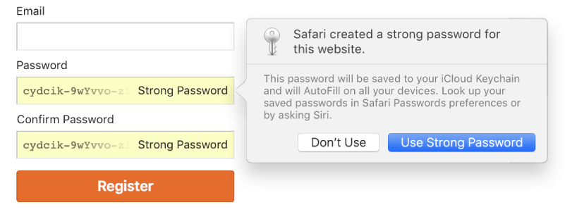 Account signup page, showing an automatically created password and the choice to decline it or use it.