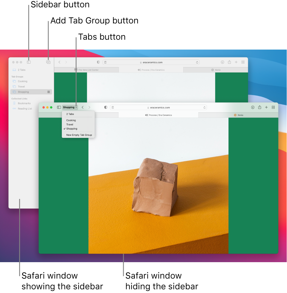 Tab Groups in two Safari windows. One window shows the Tab Groups in a list under the down arrow next to the sidebar button in the toolbar. The other window shows the same Tab Groups in the sidebar.