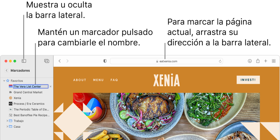 Una ventana de Safari con los marcadores en la barra lateral, con uno de ellos seleccionado para modificarlo.