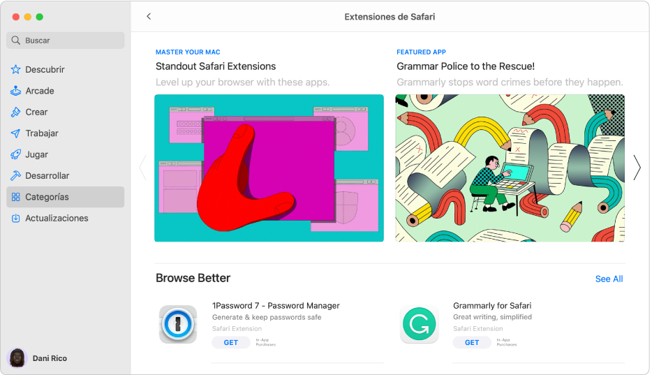 La página principal de Mac App Store. La barra lateral de la izquierda incluye enlaces a distintas áreas de la tienda, como Arcade y Crear, y Categorías aparece seleccionado. A la derecha está la categoría “Extensiones de Safari”.