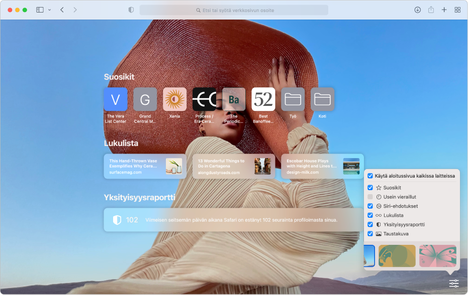 Safarin aloitussivu, jossa näkyvät suosikkisivustot, lukulista, yksityisyysraportin yhteenveto ja muokkausvalinnat.