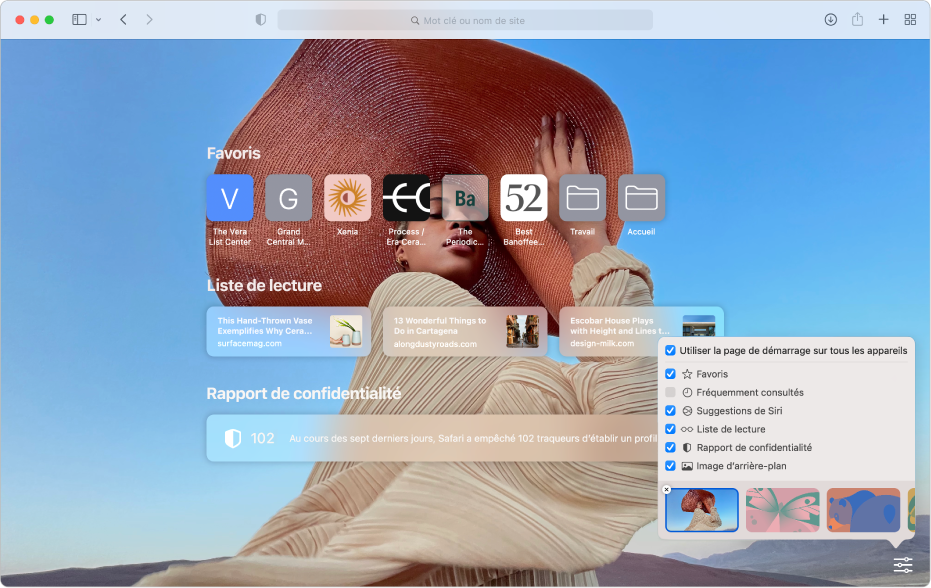 La page de démarrage de Safari affiche les sites Web favoris, la liste de lecture, un résumé du rapport de confidentialité et des options de personnalisation.