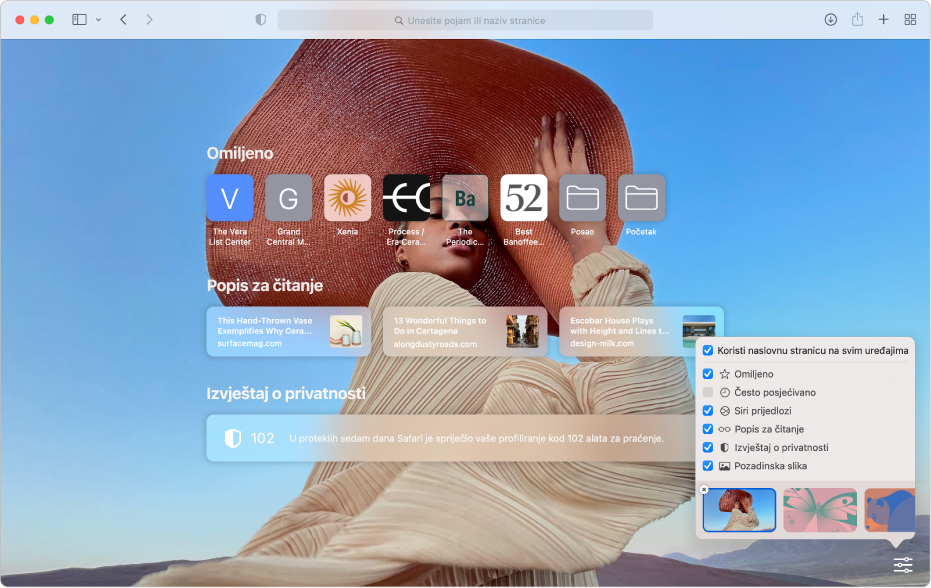 Početna stranica preglednika Safari s prikazom omiljenih web stranica, Popisa za čitanje, sažetka Izvještaja o privatnosti i opcijama za prilagođavanje.