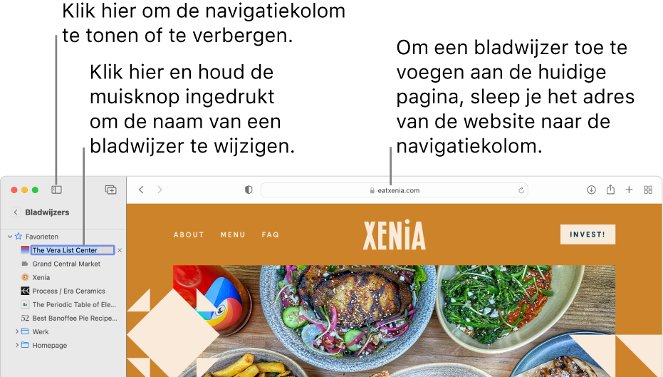 Een Safari-venster met bladwijzers in de navigatiekolom, waarvan één bladwijzer is geselecteerd om te worden gewijzigd.