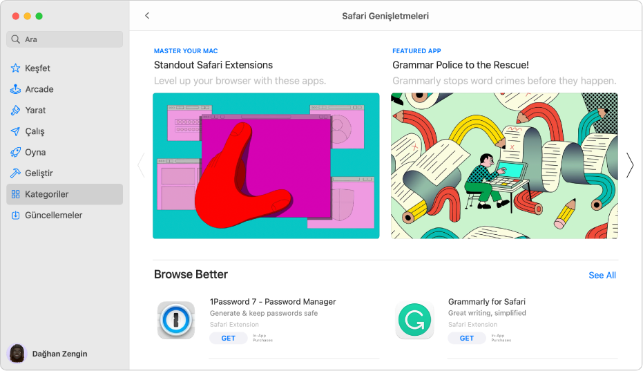 Ana Mac App Store sayfası. Sol taraftaki kenar çubuğu Arcade ve Yarat gibi mağazadaki farklı alanlara bağlantıları içerir ve Kategoriler seçilir. Sağda ise Safari genişletmeleri kategorisi bulunur.