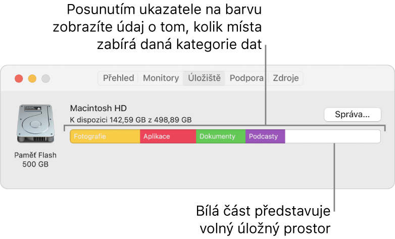 Přesunutím ukazatele na barvu zjistíte, kolik místa využívá každá kategorie. Bílý prostor představuje volné místo v úložišti