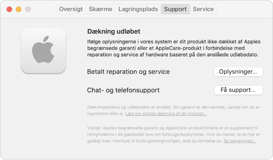 Vinduet Support i Oplysninger om system. I vinduet vises, at Mac ikke længere er dækket af begrænset garanti. Knapperne Oplysninger og Få support er til højre.