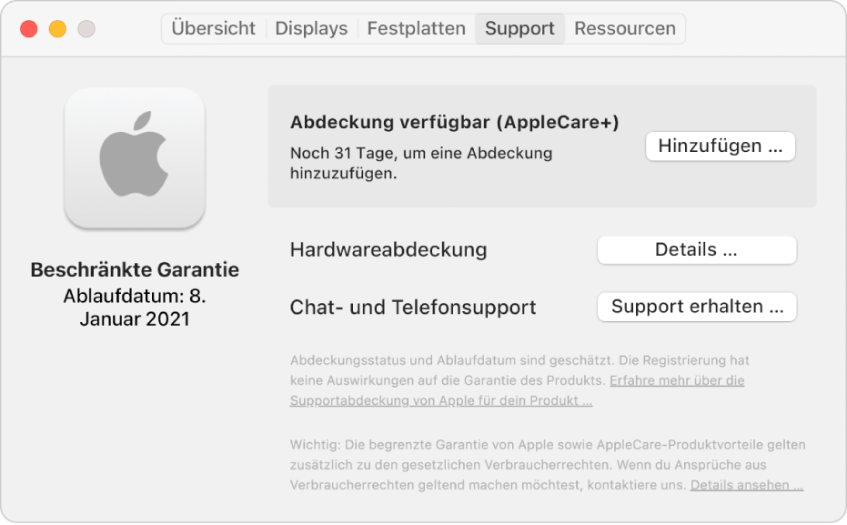 Der Bereich „Support“ in den Systeminformationen. Der Bereich zeigt, dass für den Mac eine beschränkte Garantie gilt und dass er für AppleCare+ qualifiziert ist. Die Tasten „Hinzufügen“, „Details“ und „Support erhalten“ befinden sich rechts.