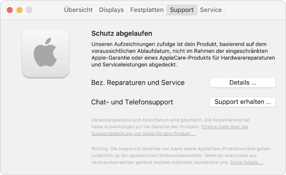 Der Bereich „Support“ in den Systeminformationen. Der Bereich zeigt, dass der Mac nicht mehr durch die beschränkte Garantie geschützt ist. Die Tasten „Details“ und „Support erhalten“ befinden sich rechts.