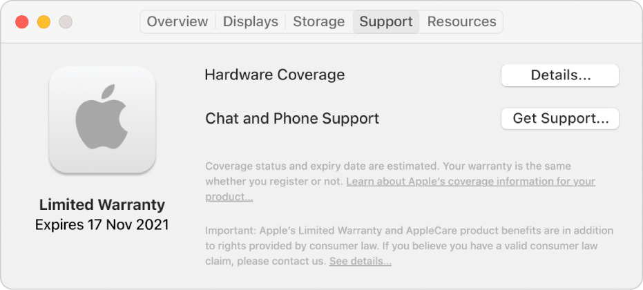 The Support pane in System Information. The pane shows the Mac is covered under a limited warranty and the expiration date. The Details and Get Support buttons are on the right.