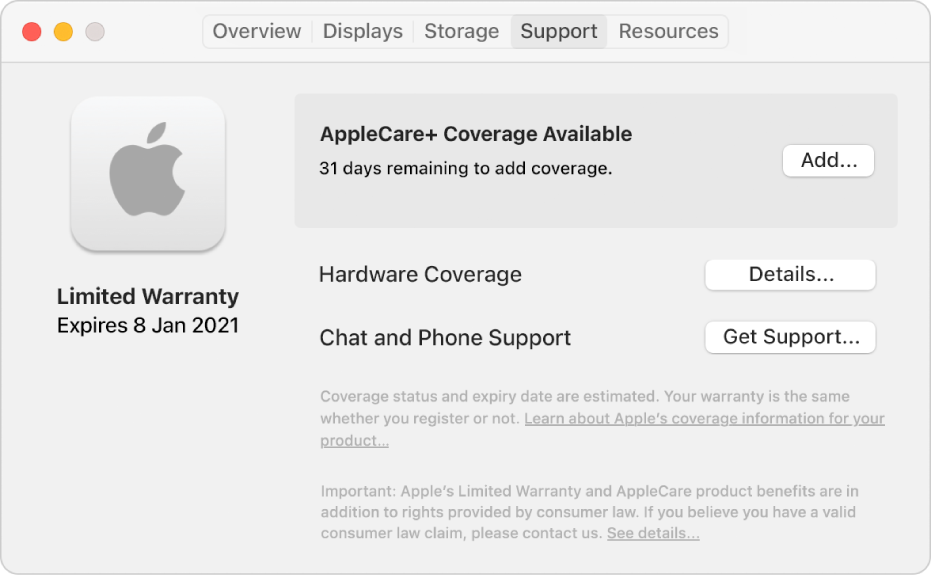 The Support pane in System Information. The pane shows the Mac is covered under Limited Warranty and is eligible for AppleCare+. The Add, Details and Get Support buttons are on the right.